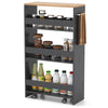 Slim gray 4-tier rolling storage cart with open shelves, featuring a push handle and anti-falling guardrails for secure.