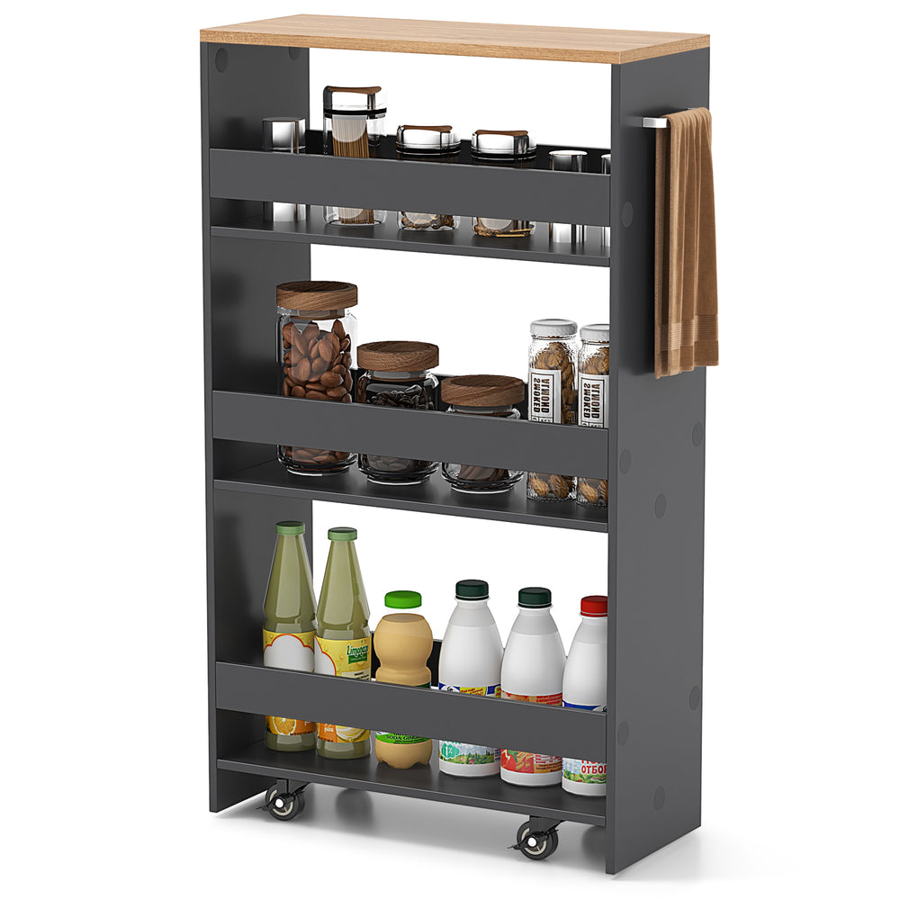Slim gray 4-tier rolling storage cart with open shelves, featuring a push handle and anti-falling guardrails for secure.