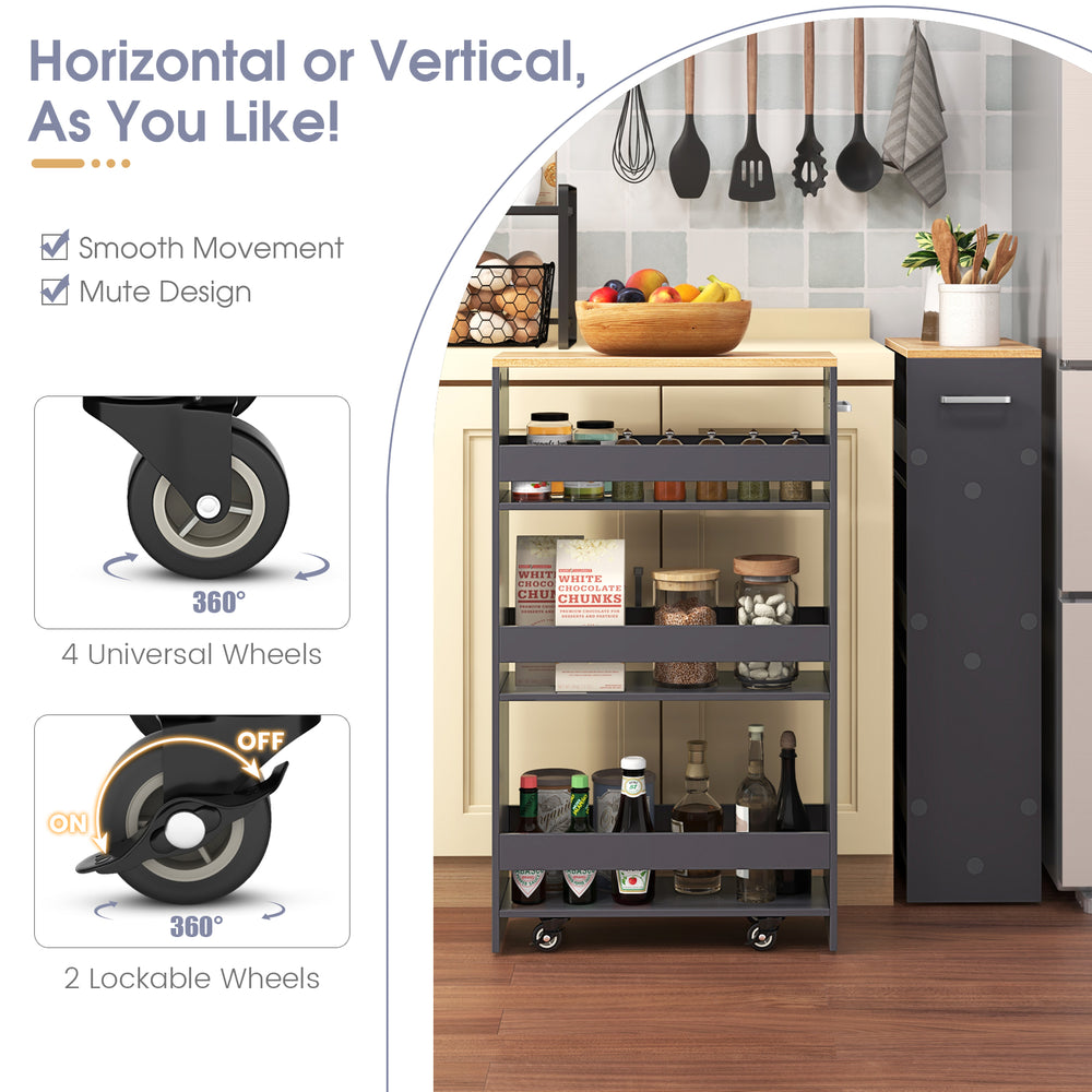 4-tier gray rolling storage cart with open shelves, handle, and 360° wheels for easy movement in tight spaces.