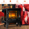 Freestanding electric fireplace heater in black featuring a detailed view of the realistic flame and openable door.