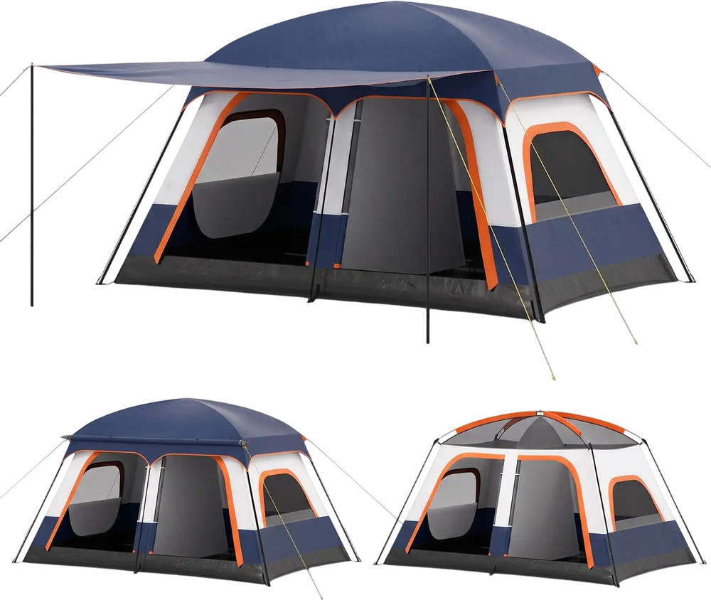 Spacious 4-10 person camping tent with porch, featuring 2 rooms, mesh windows, and water-repellent Oxford fabric for outdoor comfort.