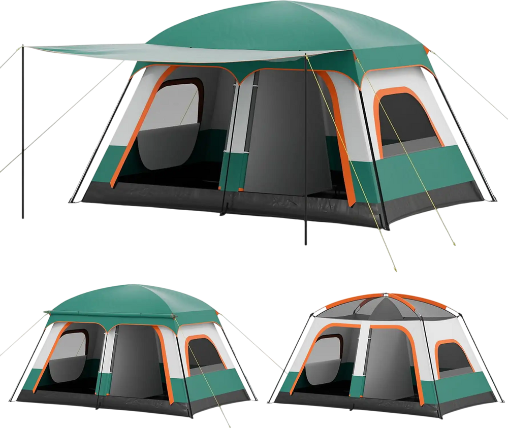 Spacious 4-10 person camping tent in green with porch, two rooms, and mesh windows for comfortable outdoor relaxation.