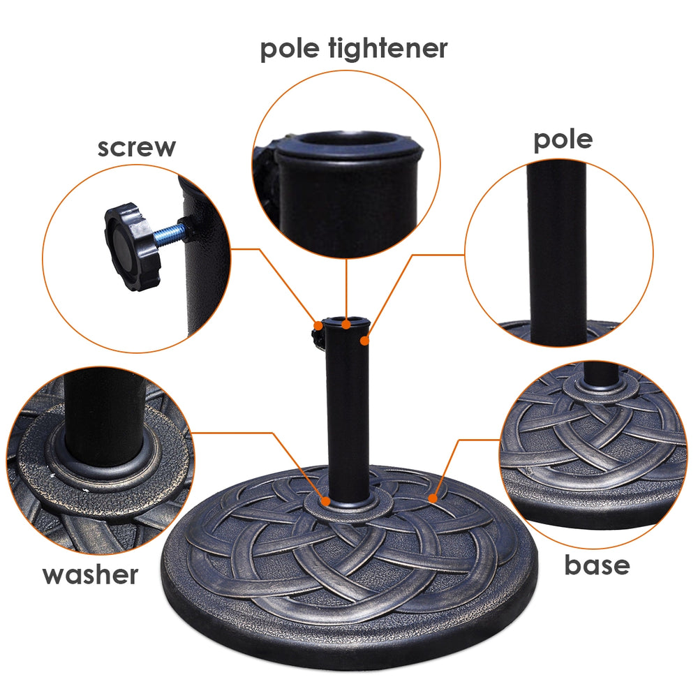 Heavy-duty 22-inch round umbrella base stand with decorative bronze finish and steel pole for secure support.