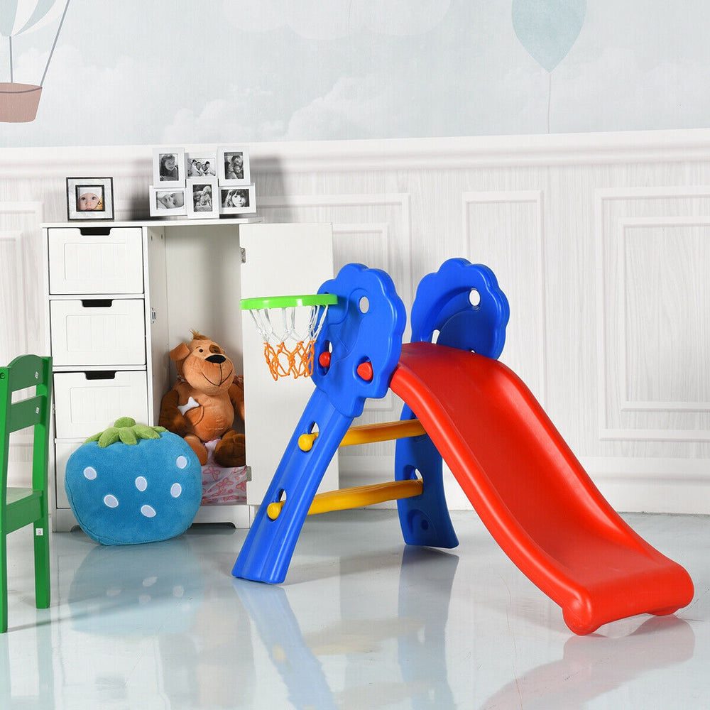 Kids plastic folding slide with basketball hoop in blue and red, designed for indoor play and motor skill development.