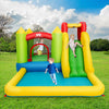 Brightly colored inflatable bounce house water slide with mesh walls, perfect for outdoor fun in gardens or parks.