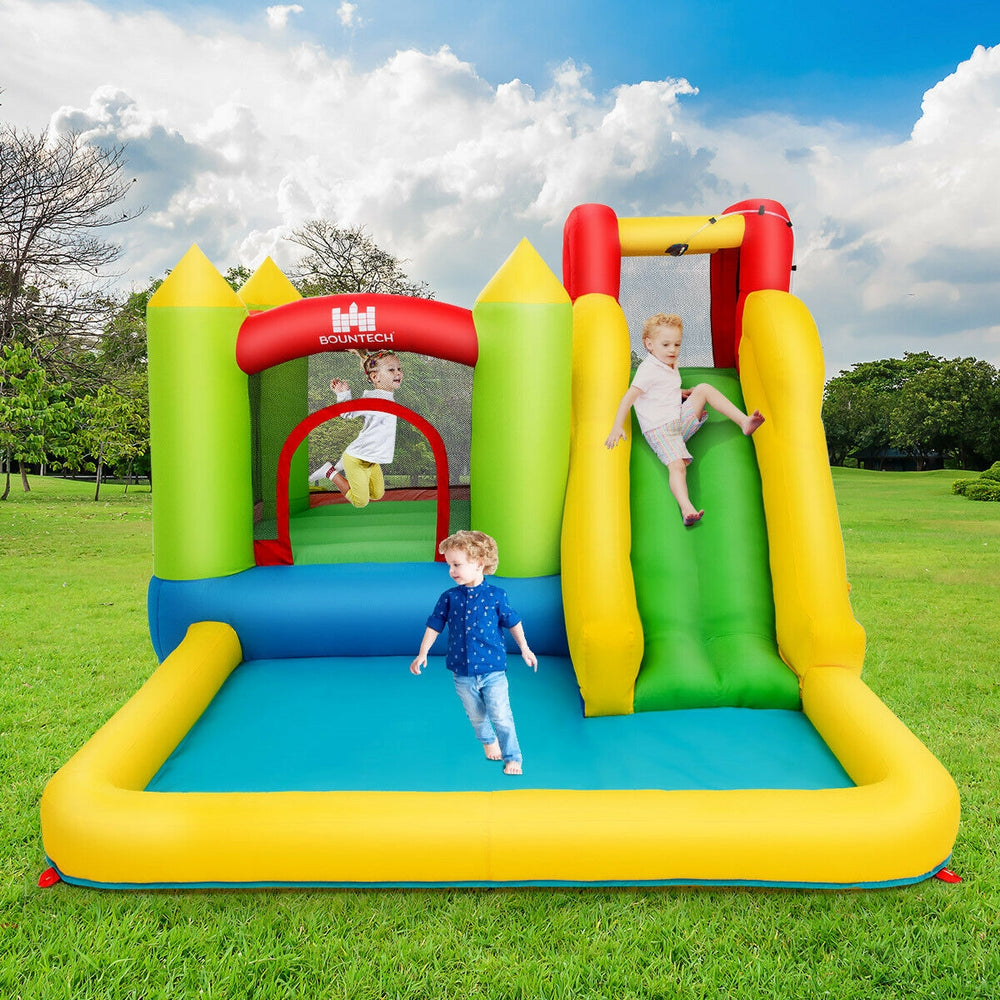 Brightly colored inflatable bounce house water slide with mesh walls, perfect for outdoor fun in gardens or parks.