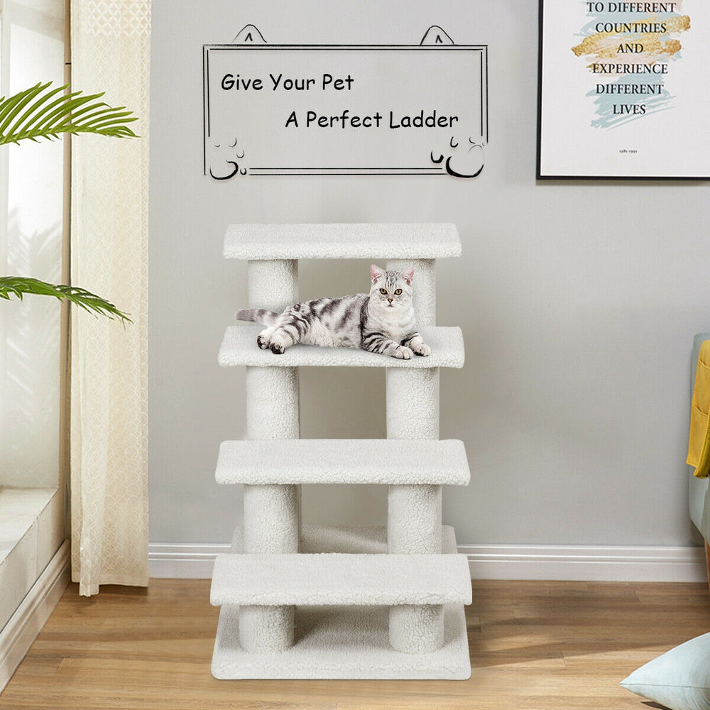 4-step carpeted cat stairs in beige, featuring scratching posts for climbing and relaxing, ideal for indoor use.