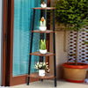4-tier corner shelf in black metal with wood finish, ideal for books and plants, perfect for compact spaces.