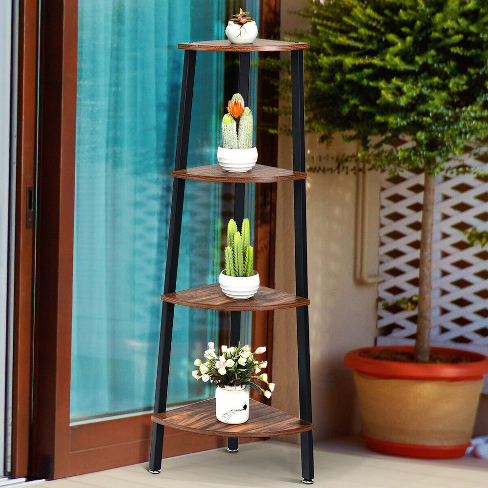 4-tier corner shelf in black metal with wood finish, ideal for books and plants, perfect for compact spaces.