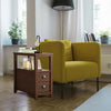 Compact brown end table with two drawers and shelf, featuring retro metal handles, ideal for bedroom or living room use.