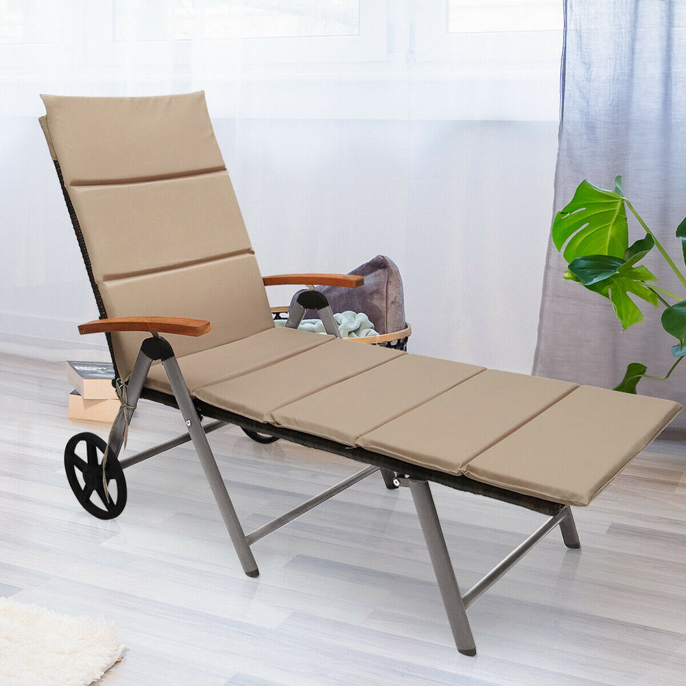 Outdoor rattan chaise lounge chair with adjustable backrest and soft cushion, perfect for balconies and poolside.