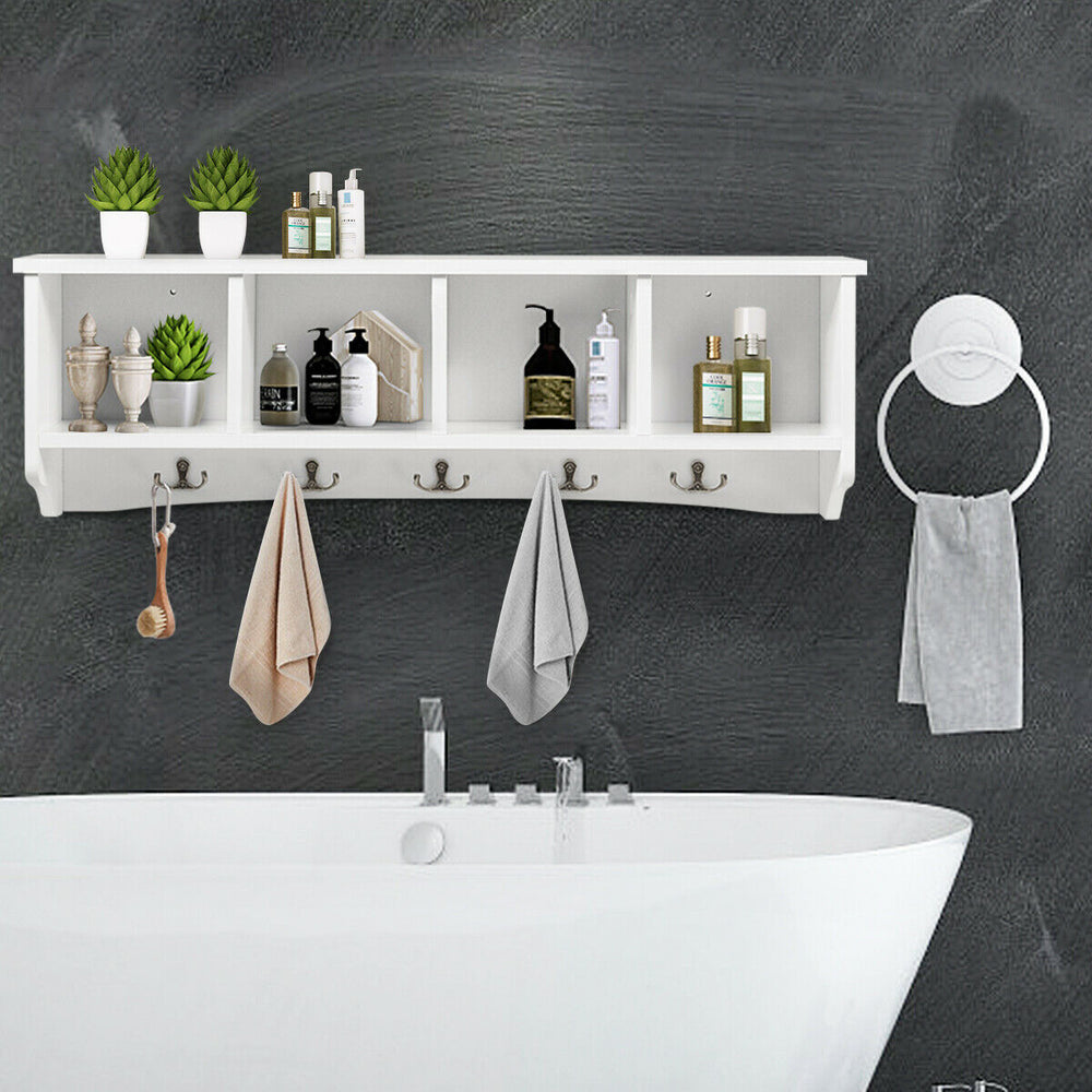 Wall-mounted storage cabinet featuring a sleek design with space for small items and five hooks for versatile.