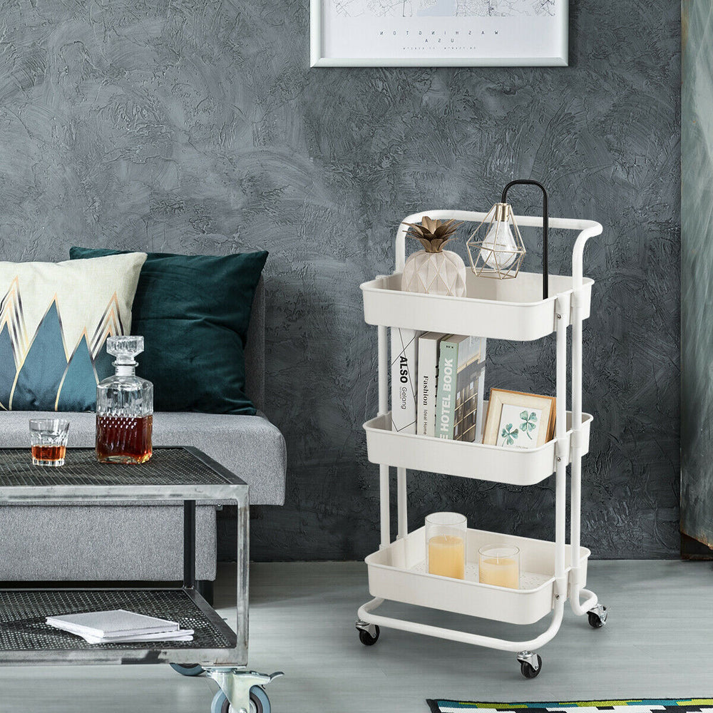 3-tier white utility cart with casters, featuring ABS baskets and metal frame, ideal for versatile home storage.