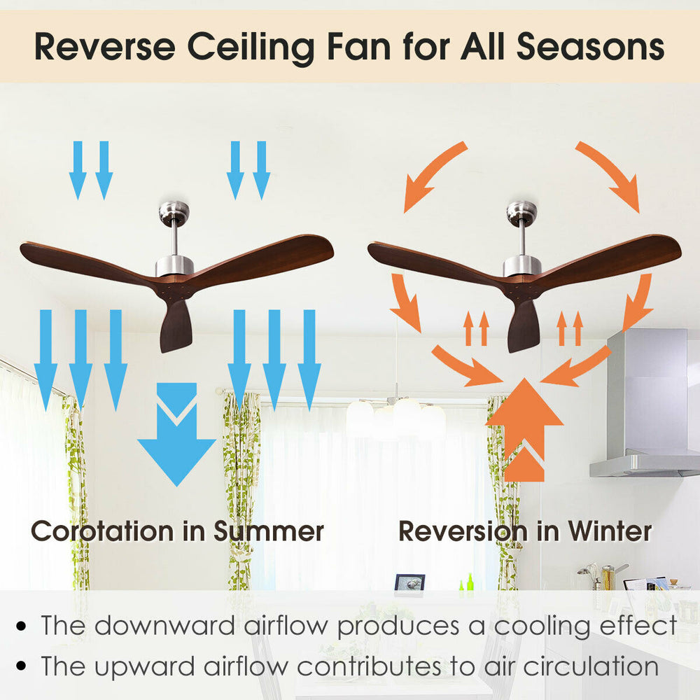 52-inch modern ceiling fan with brushed nickel finish and solid wood blades, ideal for year-round air circulation.