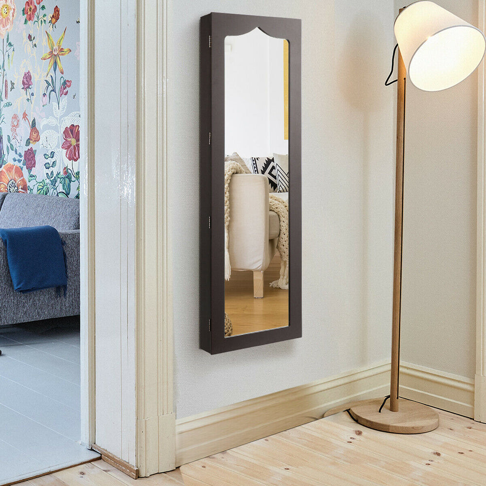 Brown wall-mounted jewelry armoire with full-length mirror and 5 LED lights, ideal for organized storage and.
