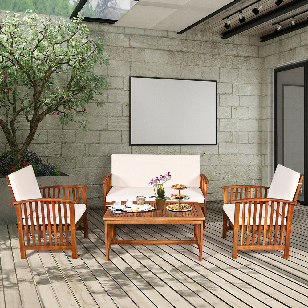 4 Pieces Patio Solid Wood Furniture Set-Beige - Gallery View 1 of 11