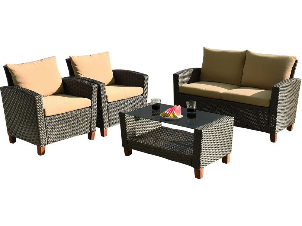 4 Pieces Patio Rattan Furniture Set with Cushions