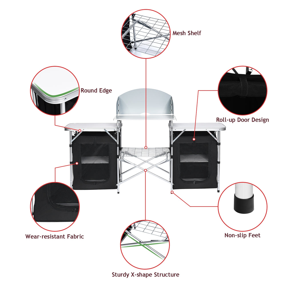 Folding camping table with storage organizer, featuring a large countertop, side tables, and sturdy steel frame for.