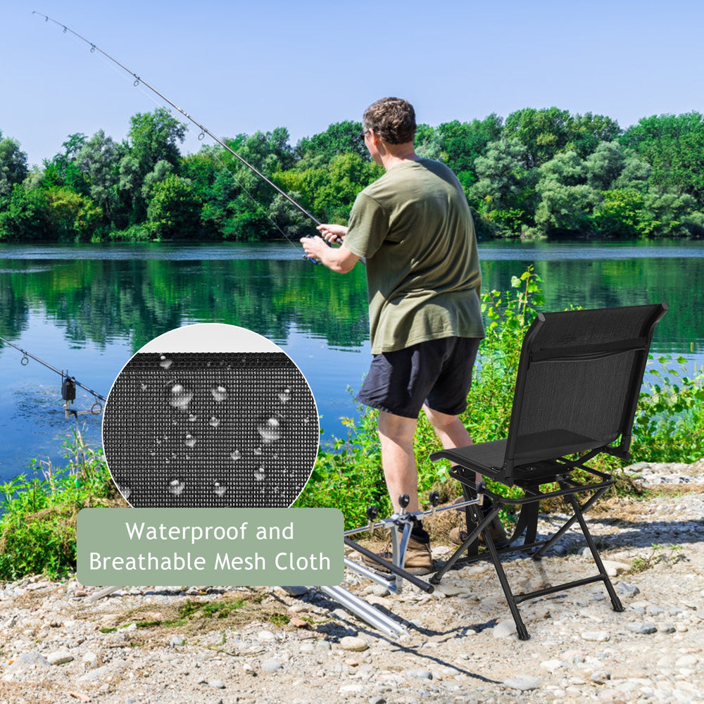 All-weather black foldable swivel chair with waterproof mesh cloth, perfect for fishing and outdoor activities.