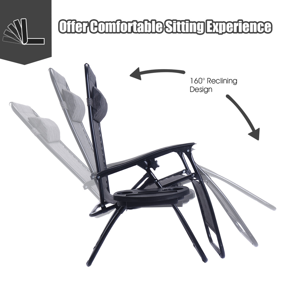 Folding lounge chair in gray with 160° reclining design, removable headrest, ideal for beach and outdoor relaxation.