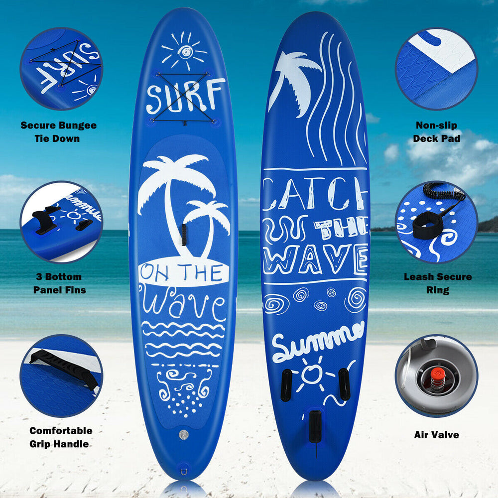 Inflatable stand up paddle board in blue with non-slip deck, adjustable paddle, and three fins for stability and speed.