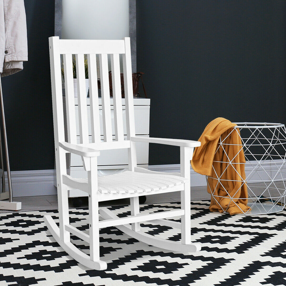 White high back rocking chair made of premium acacia wood, designed for comfort and suitable for indoor or outdoor use.