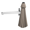 Wall-mounted 8ft tan sun shade umbrella with aluminum frame and adjustable tilt for outdoor patio use.