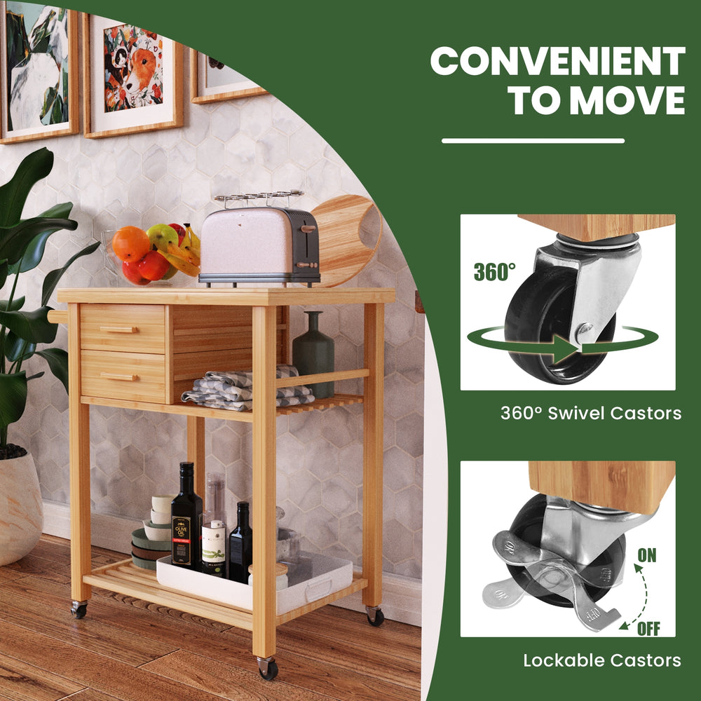 Bamboo kitchen trolley cart featuring 360° swivel casters, two drawers, and open shelves for versatile kitchen storage.