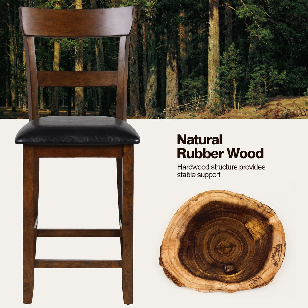 Counter height chair with leather seat and natural rubber wood legs, designed for comfort and elegant vintage style.