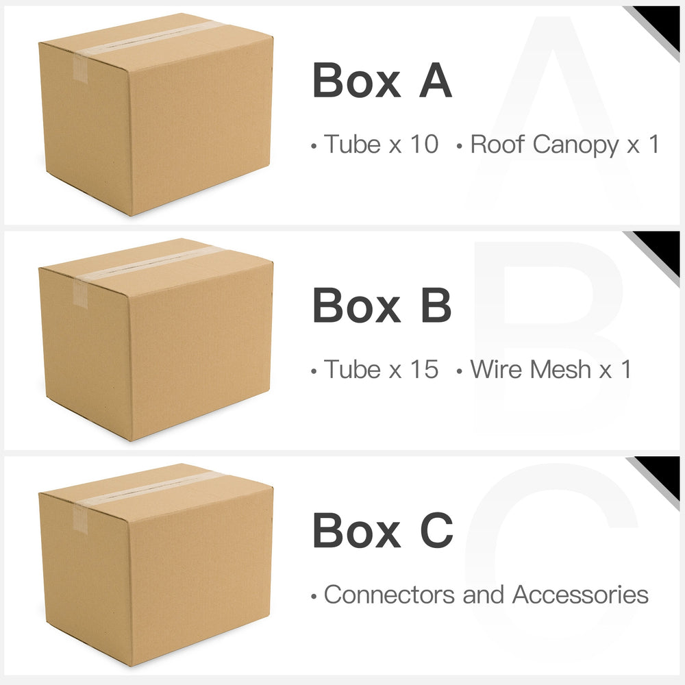 Box A contains 10 tubes and 1 roof canopy for the 13 x 13 feet walk-in chicken coop with waterproof cover.