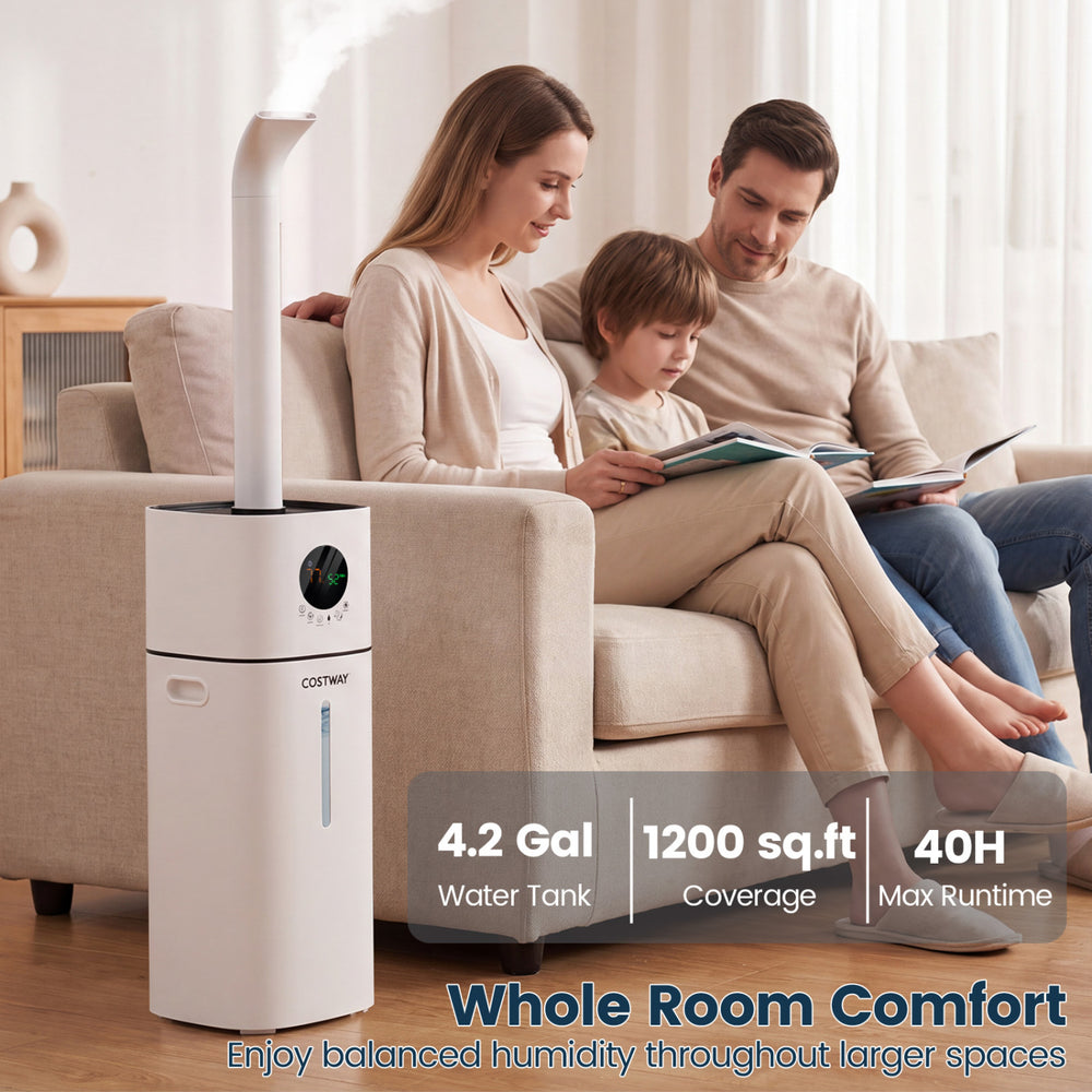 Cool mist humidifier with a 4.2-gal tank, 1200 sq.ft coverage, and smart humidity control for whole room comfort.