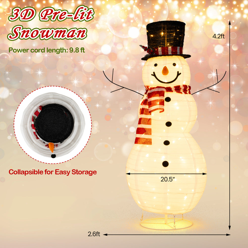 Lighted 4.2 ft Christmas snowman decoration with a collapsible frame for easy storage and versatile holiday styling.
