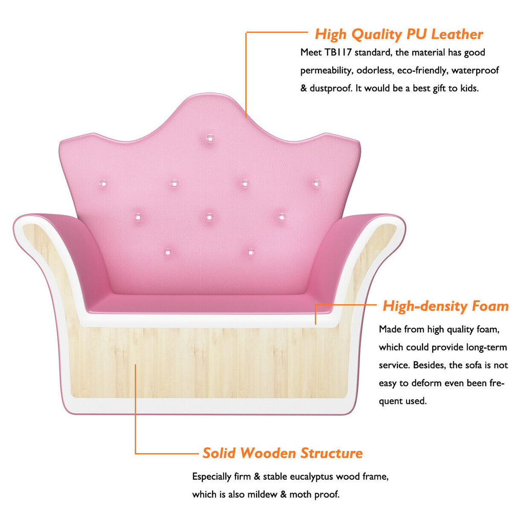 Pink kids sofa with armrests and ottoman, made of PU leather and high-density foam, perfect for playrooms and reading.