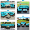 Turquoise cushioned patio rattan furniture set with coffee table, ideal for outdoor relaxation and stylish decor.