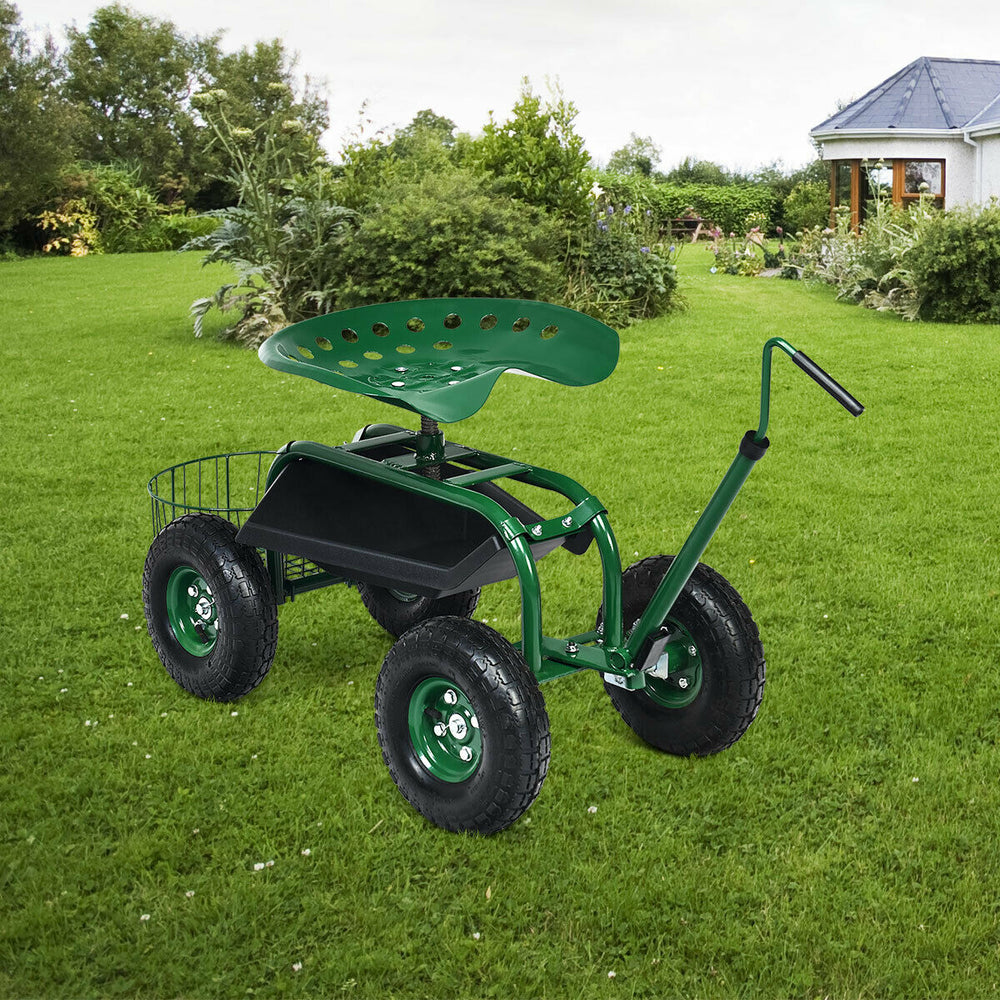 Extendable Handle Garden Cart Rolling Wagon Scooter-Green - Gallery View 1 of 10