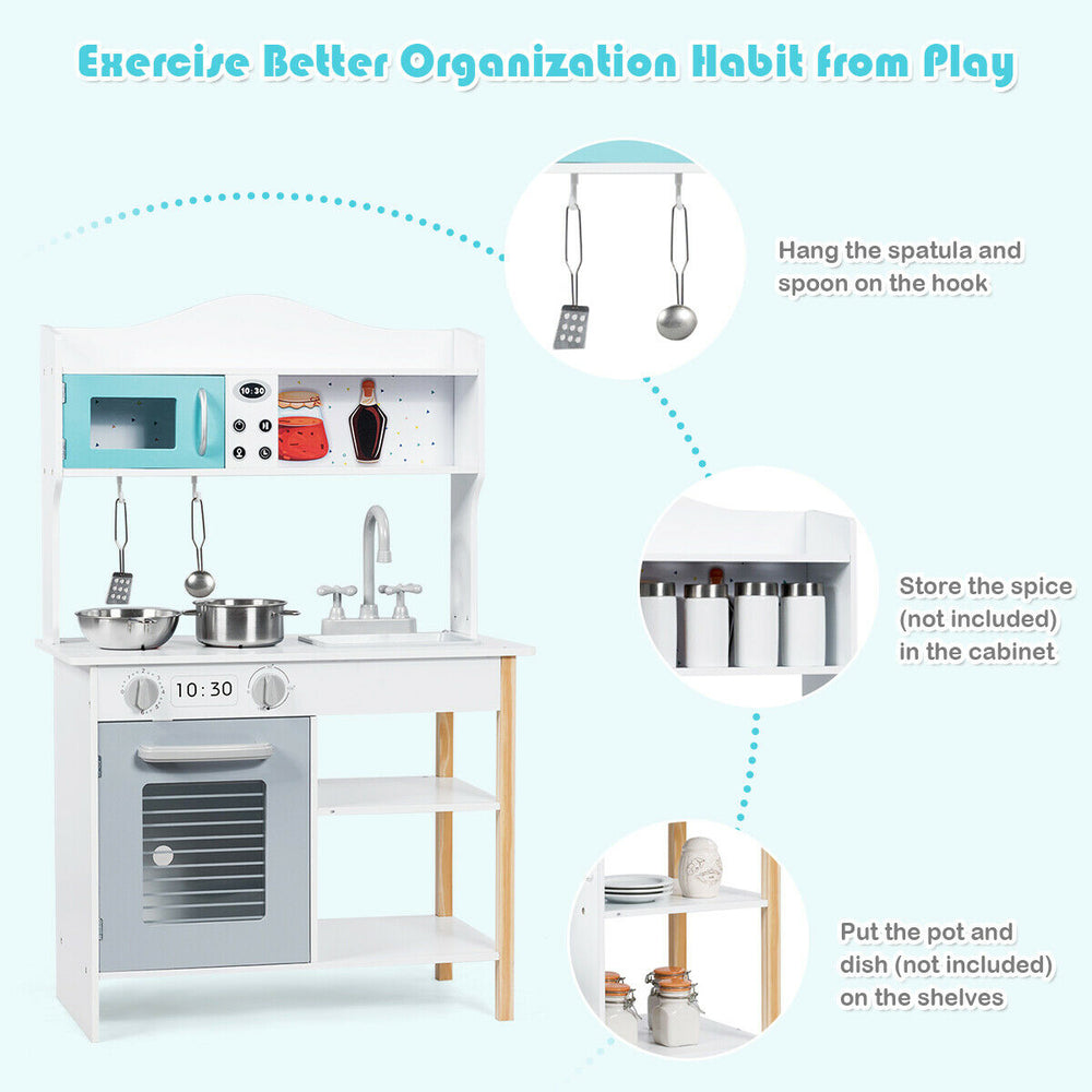 Kids kitchen cooking play set with stove, oven, and sink for imaginative play and organization skills development.