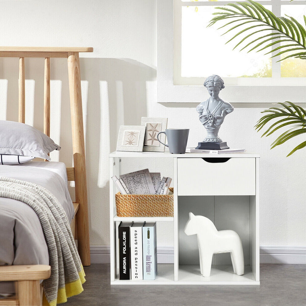 3-tier side table with storage shelf and drawer, made of particle board, ideal for bedroom or living room use.