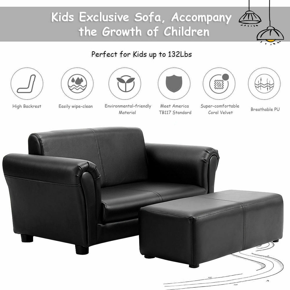 Kids black double sofa with ottoman, made of breathable PU, perfect for playrooms and reading, supports up to 132 lbs.