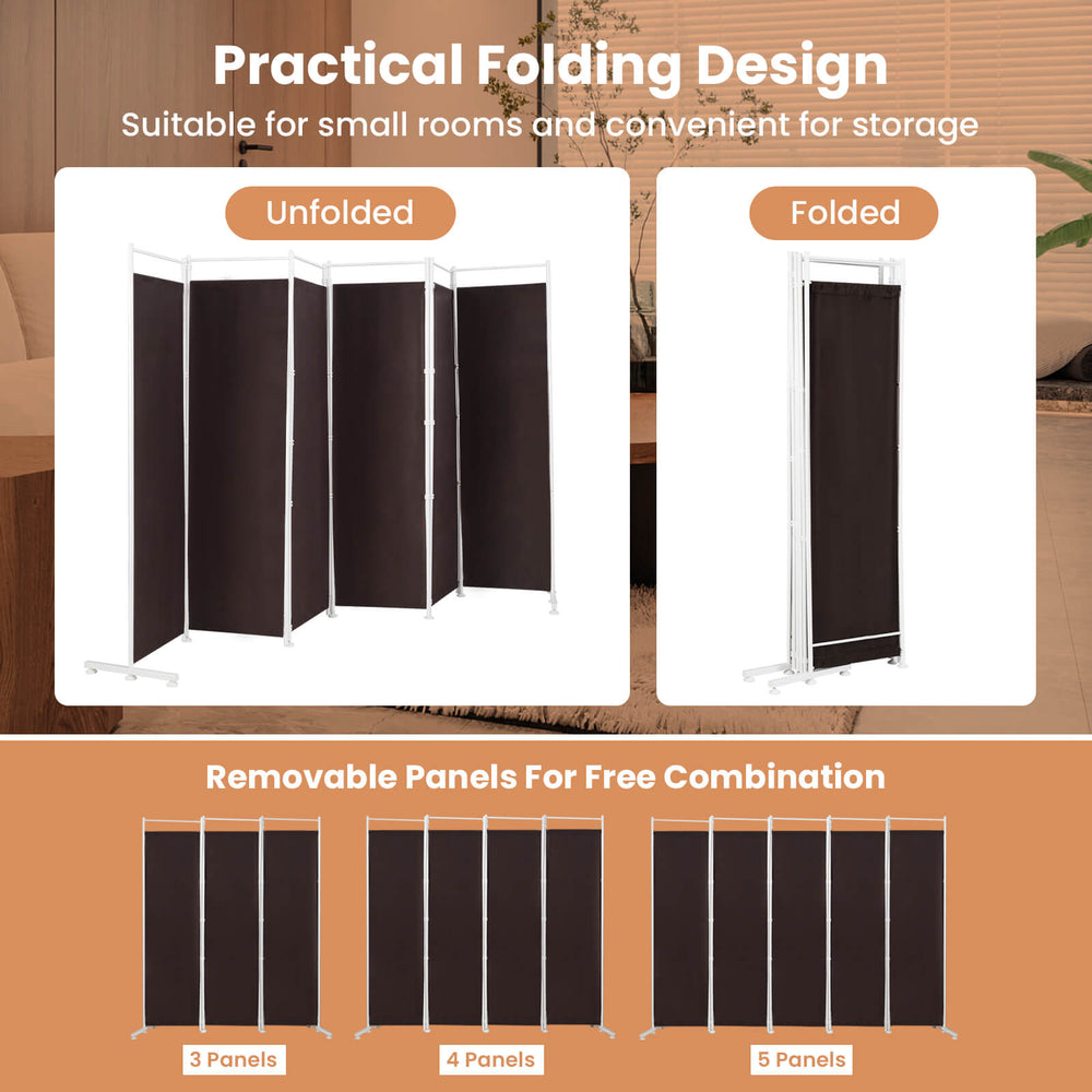 6-panel folding privacy screen in brown, made of polyester fabric and steel, ideal for creating private spaces at home.