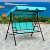 Three-person outdoor patio swing bench chair with adjustable canopy in blue, perfect for relaxing in gardens or by the.