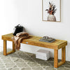 Acacia wood dining bench with slatted seat, natural teak color, perfect for indoor or outdoor casual seating.
