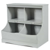 Gray kids floor cabinet with 2 cubbies and 2 bins, made of durable MDF, perfect for organizing toys and books.