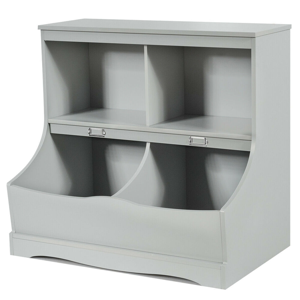 Gray kids floor cabinet with 2 cubbies and 2 bins, made of durable MDF, perfect for organizing toys and books.