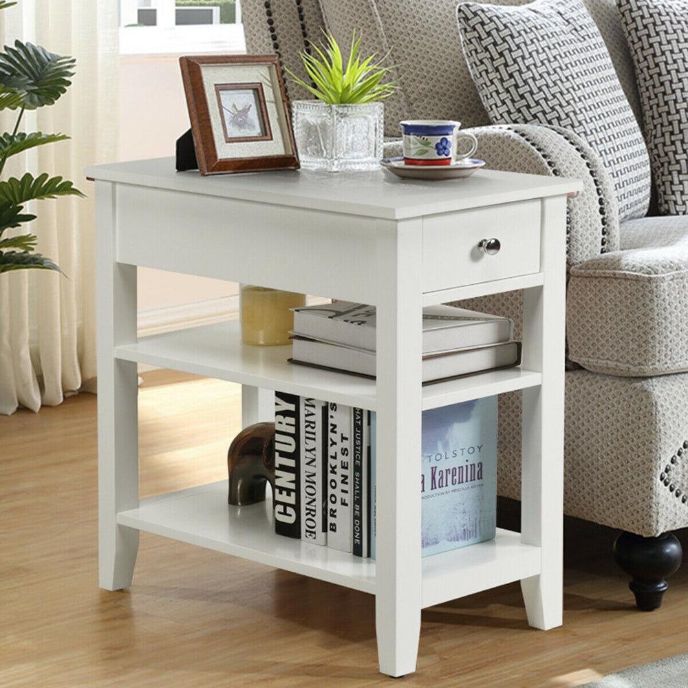 White 3-tier nightstand with drawer and open shelves, perfect for bedside or living room storage and decor.
