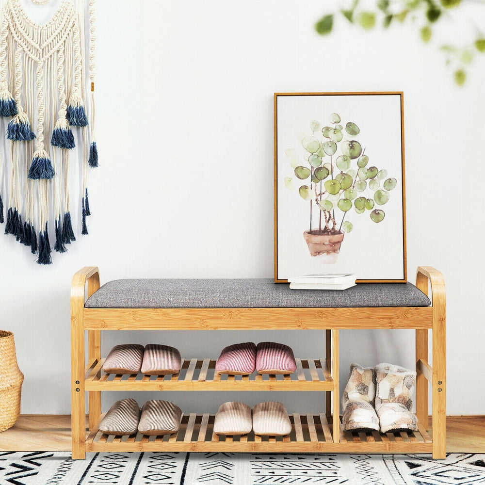 Bamboo shoe rack bench with cushion, featuring three tiers and ergonomic design, perfect for entryway seating.