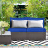 Armless patio sofa set in navy with two cushions and pillows, perfect for outdoor relaxation in gardens or patios.
