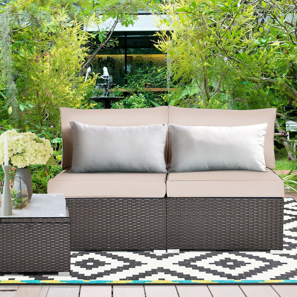 2 Pieces Patio Rattan Armless Sofa Set with 2 Cushions and 2 Pillows-Brown - Gallery View 1 of 11