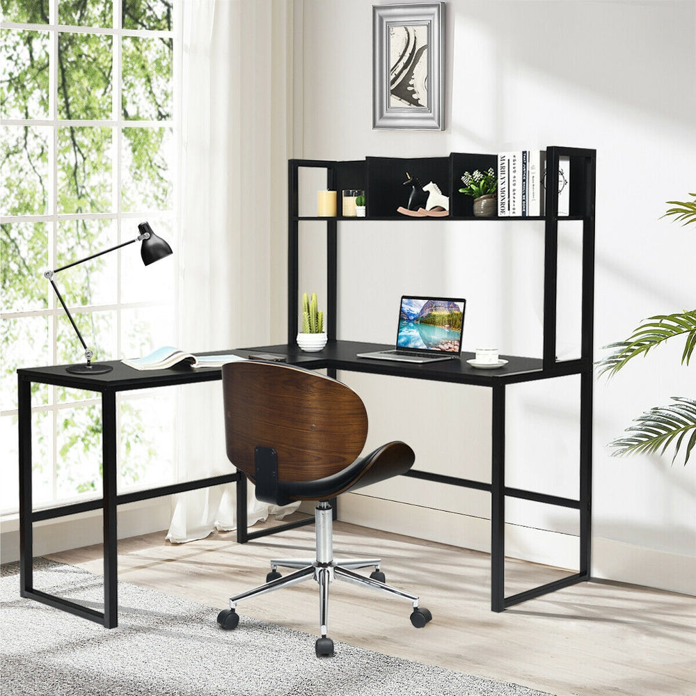 L-shaped black desk with open storage hutch, ideal for multitasking in home or office environments.