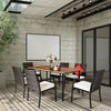 7-piece patio rattan dining set featuring a spacious acacia wood table and 6 cushioned armchairs, perfect for outdoor.