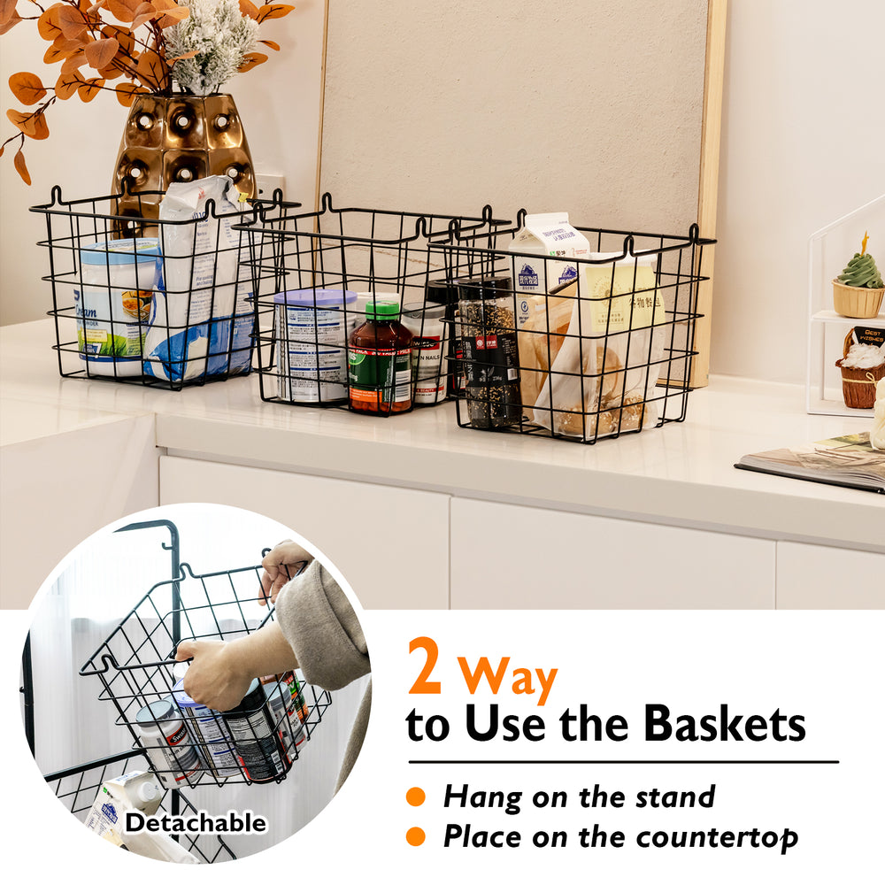 Three-tier metal market basket stand with adjustable heights for organizing fruits, snacks, and more in the kitchen.